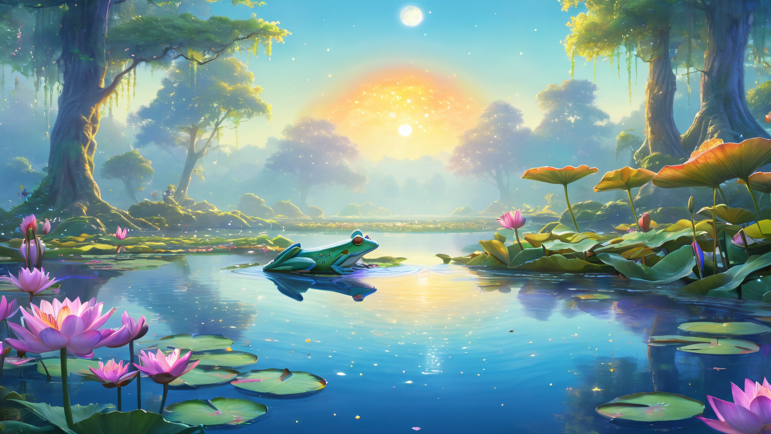 A serene, mystical pond scene featuring Gork and his friends standing on lily pads amidst a chorus of water lilies and fireflies, perfect for a desktop/pc background