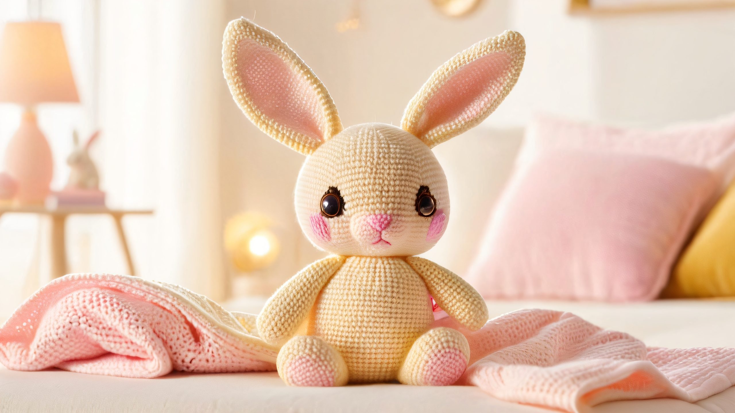 Whimsical Morning Charm Scene 4K Desktop Wallpaper A desktop wallpaper featuring an adorable amigurumi bunny charm in a soft fabric, surrounded by plush toys, vintage books, and cozy blankets in a warm, sunlit room, perfect for your PC or Desktop/PC.