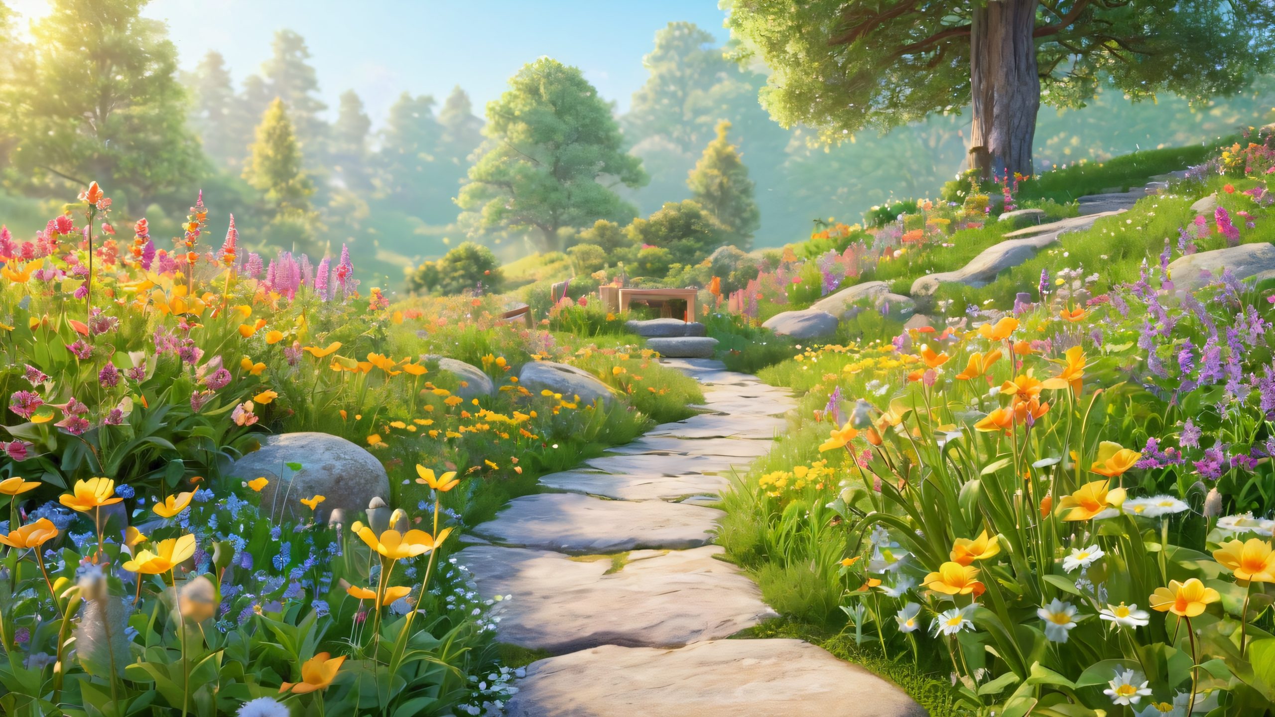 A serene and mystical morning scene of a lush backyard with dew-kissed grass, vibrant wildflowers, and playful gnome and fairy-sized furniture pieces, perfect for a desktop or PC background.
