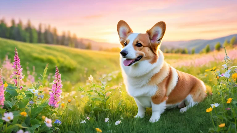 A snuggly corgi named Sadie Bean sits in a sunny meadow on her hind legs, holding one paw over her heart. Suitable for desktop or PC.