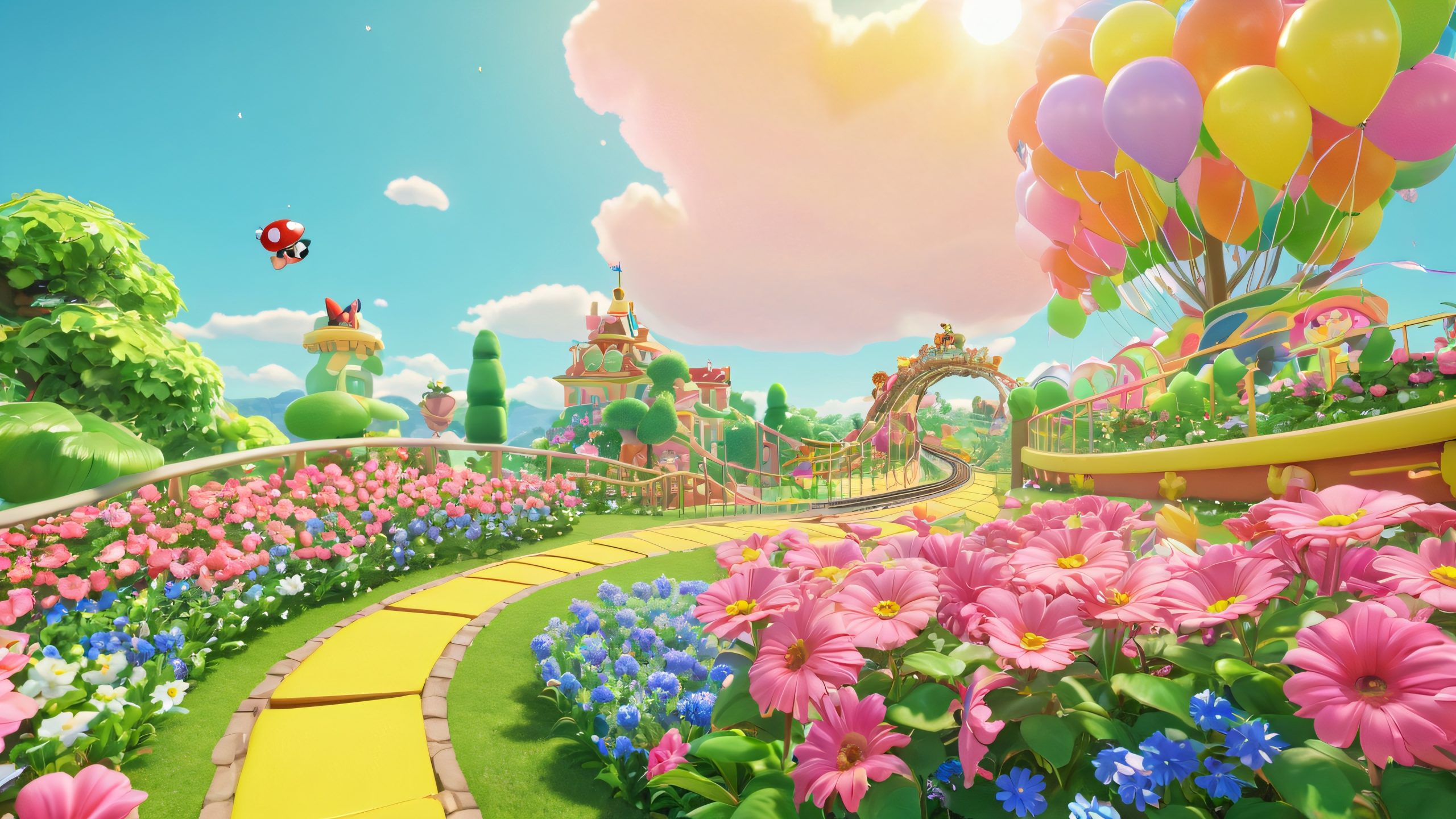 Whimsical Mushroom Kingdom Oasis 4K UHD Wallpaper A colorful desktop wallpaper of Mario's friends and iconic elements from the Mario Party 3 boards, set against lush greenery and whimsical illustrations, perfect for a PC or Desktop.