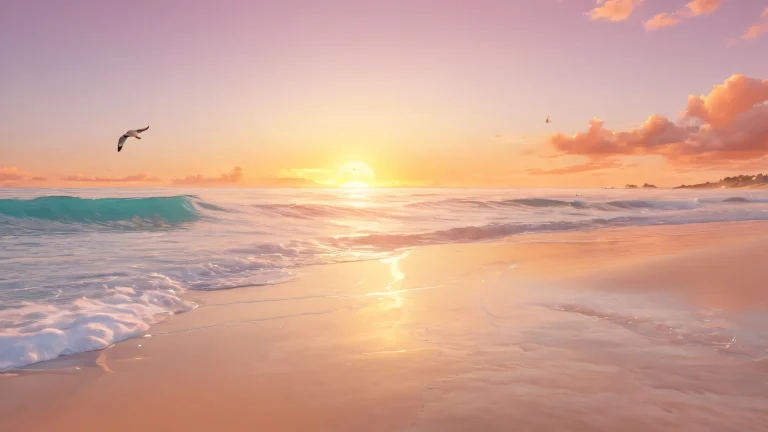 A serene ocean shoreline at sunset on a desktop/pc, featuring earthy tones and pastel shades.