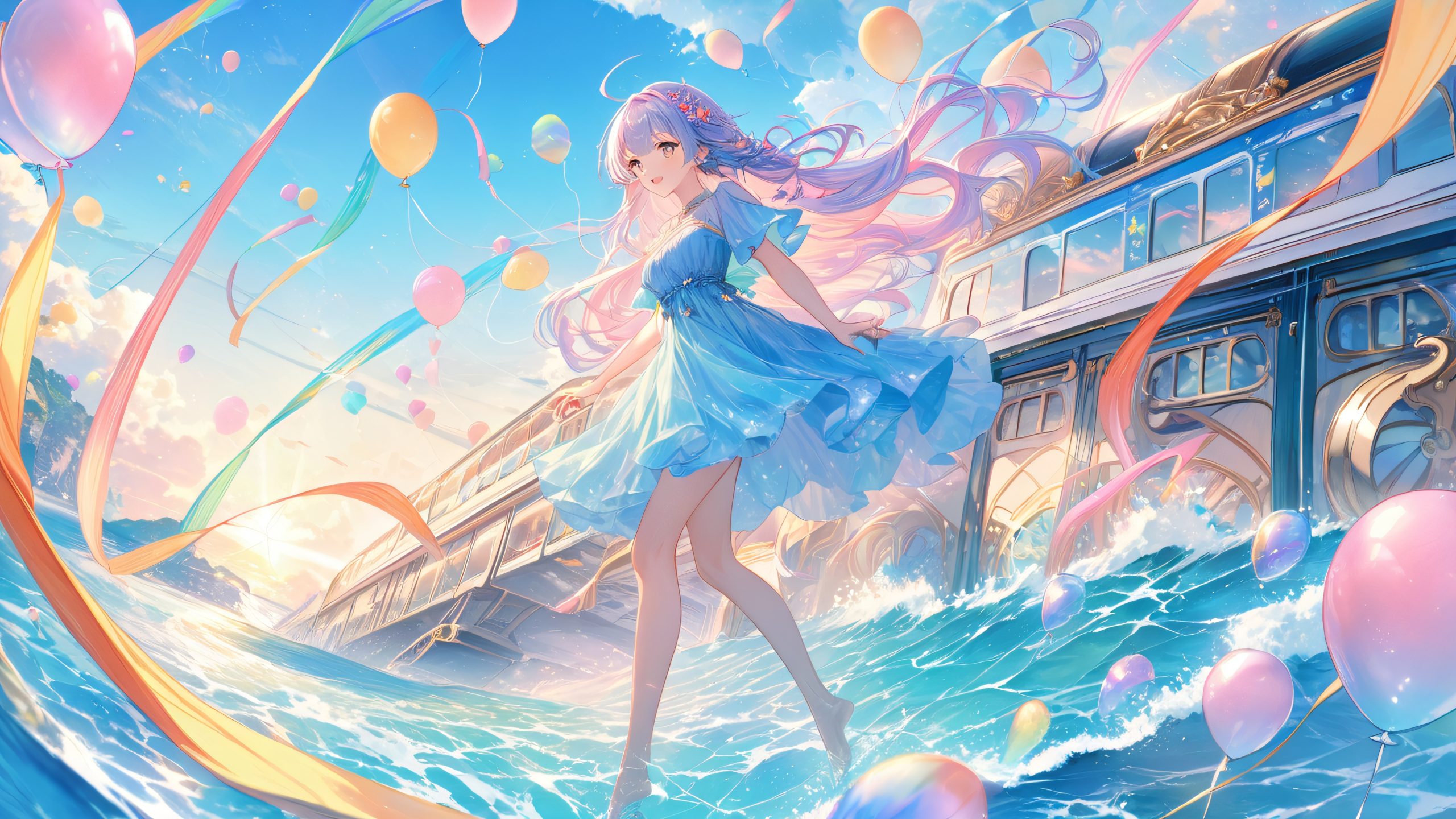 Whimsical Ocean Train 4K UHD Wallpaper Anime train with colorful streamers and balloons chugging along the coast of a shallow ocean.