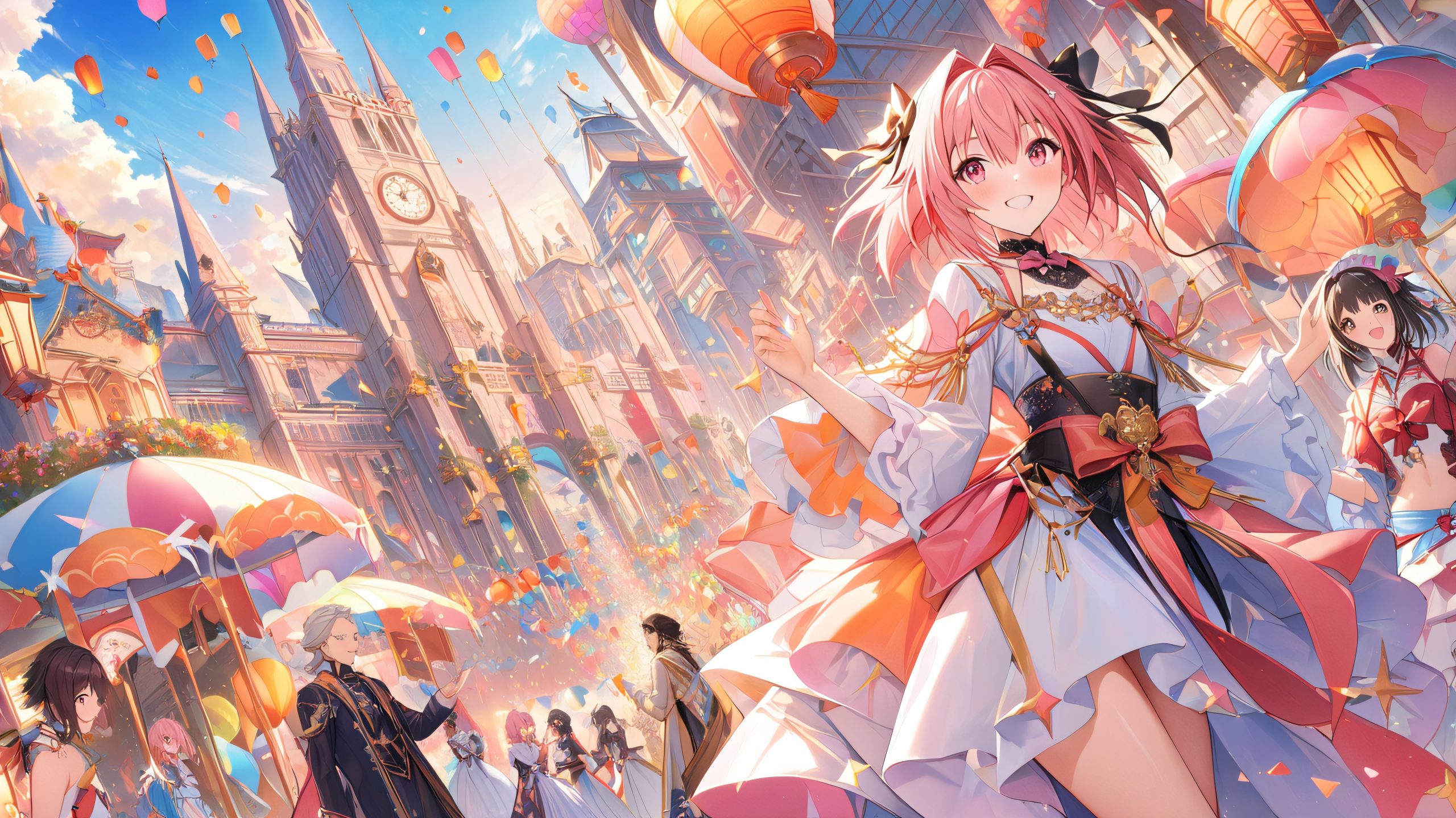 Astolfo standing confidently in a vibrant pop-up parade scene for Desktop/PC
