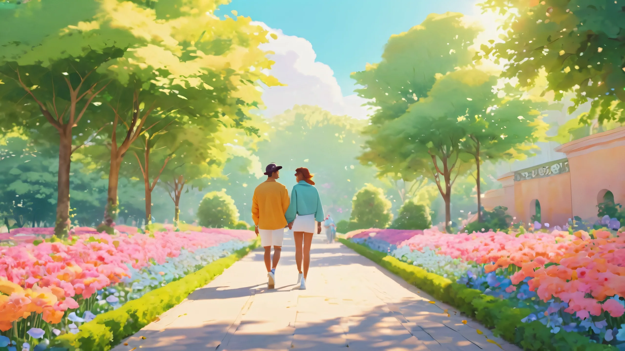 Whimsical Park Stroll Aesthetic PC Wallpaper A young couple strolling hand-in-hand through a vibrant park on their desktop or PC.