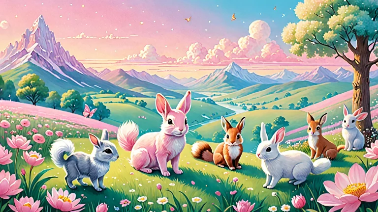 Cute animals inhabit a fantastical forest landscape with soft pink glow on a 16:9 desktop, perfect for PC.