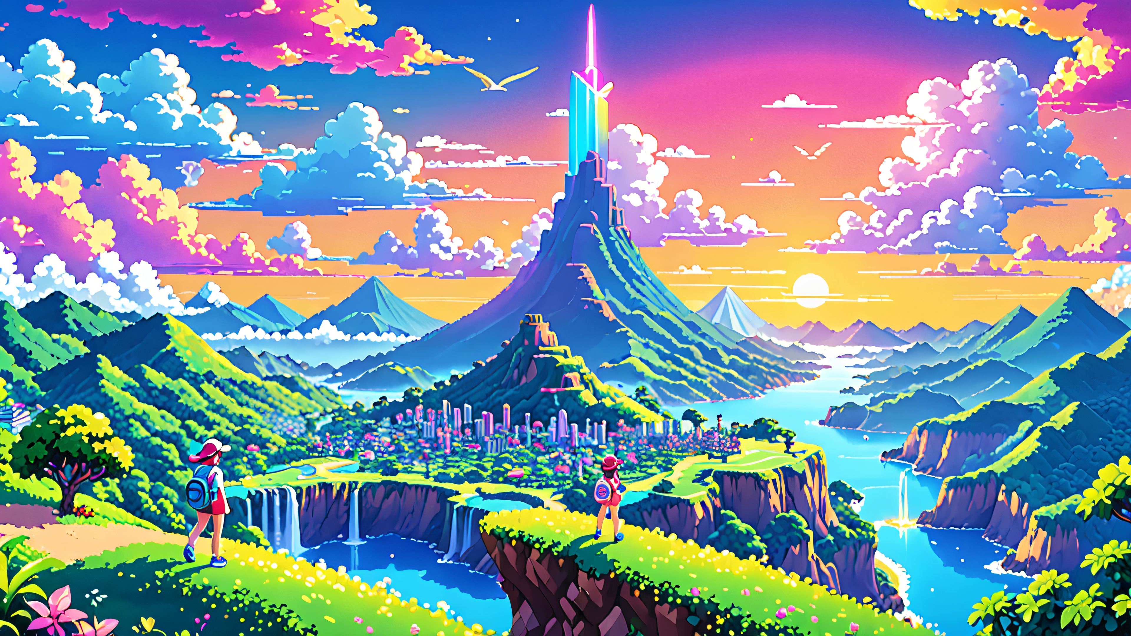 A stunning digital landscape featuring whimsical trainers and Pokémon in pixel art, with vibrant colors and glowing accents.