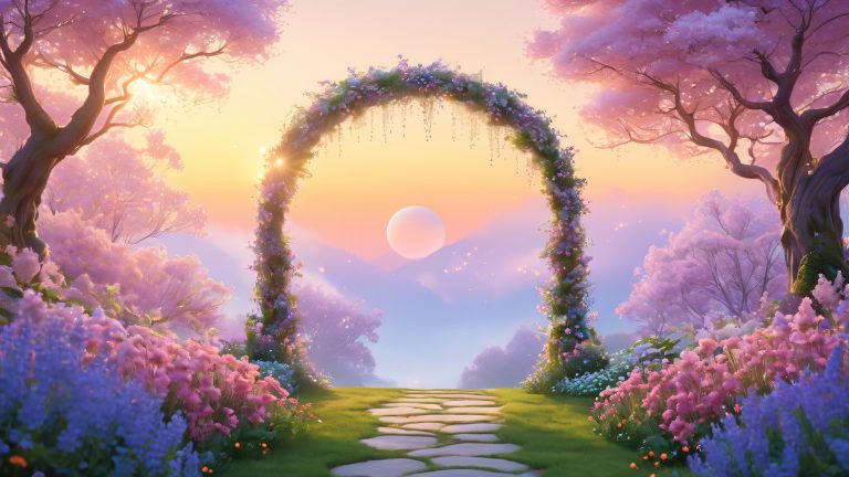 whimsical portal garden 4k desktop background scaled