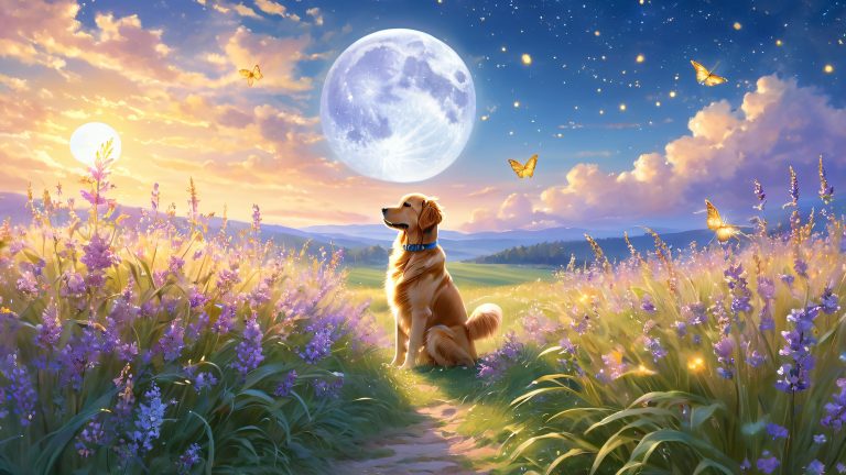 whimsical portal golden retriever moon meadow scaled