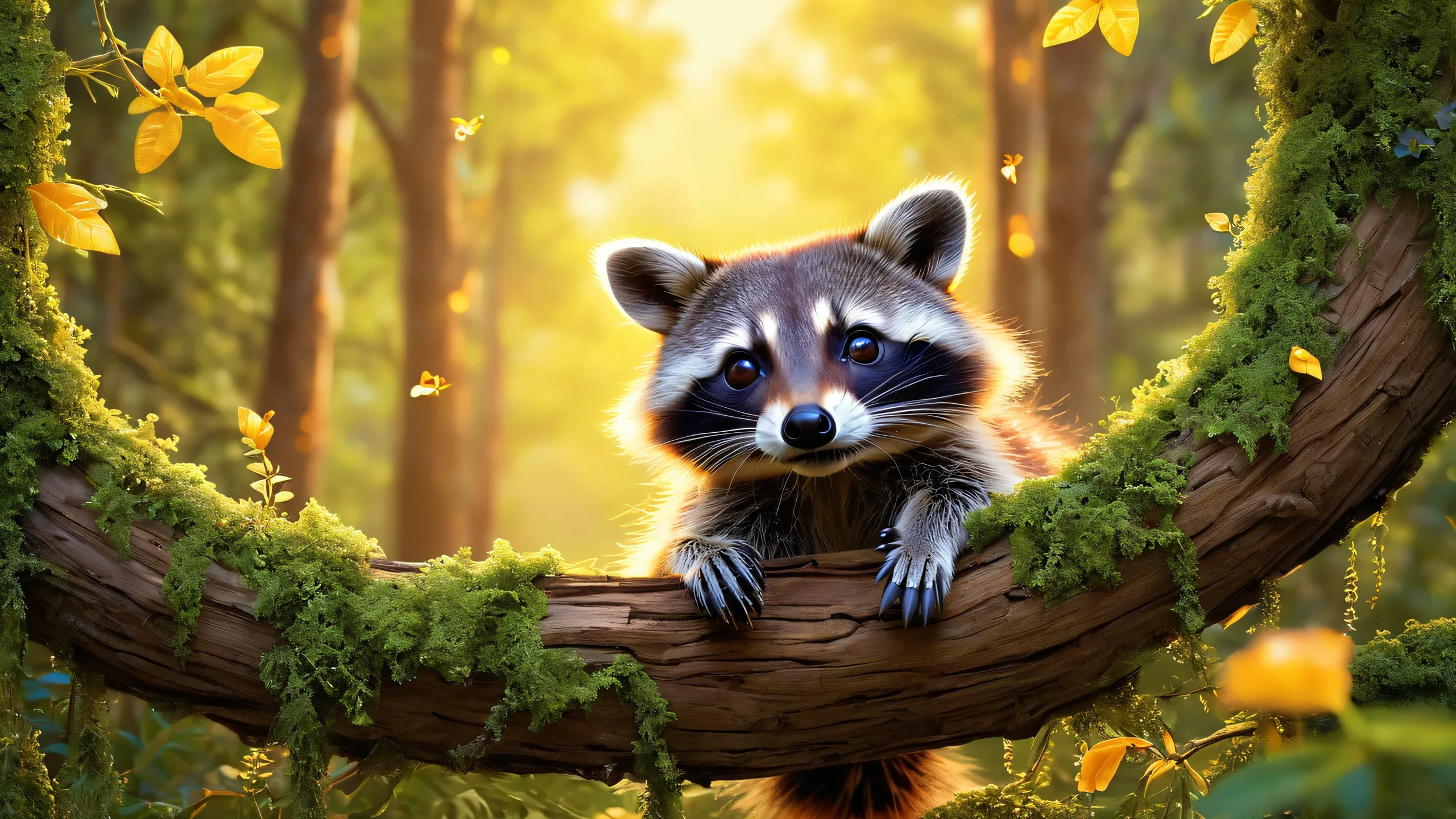 A majestic raccoon with vintage-inspired accessories and a mystical forest in the background, suitable for desktop/pc.