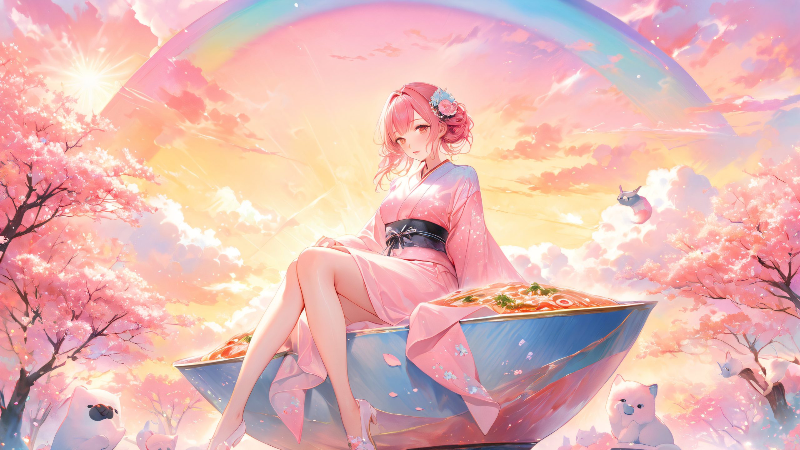 Adorable anime wife sitting on a cloud, enjoying steaming hot ramen on her desktop/pc, surrounded by a whimsical garden with cherry blossoms and cartoon animals