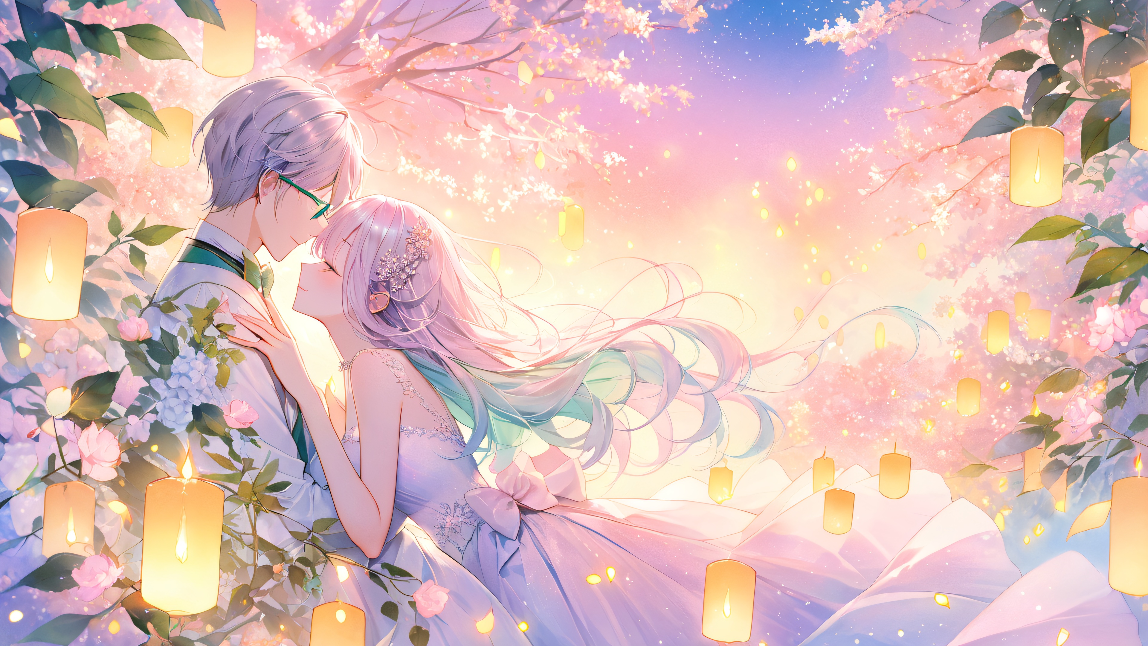 A whimsical illustration of a couple sharing a tender moment under the stars, surrounded by floating candles and delicate petals.