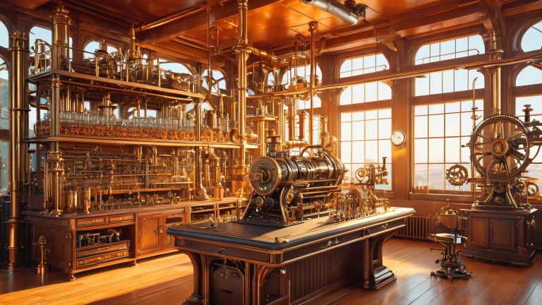 whimsical steampunk laboratory wallpaper 4k scaled