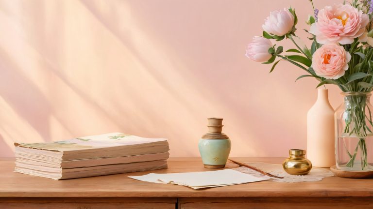 whimsical study vintage desk paper flower wallpaper scaled