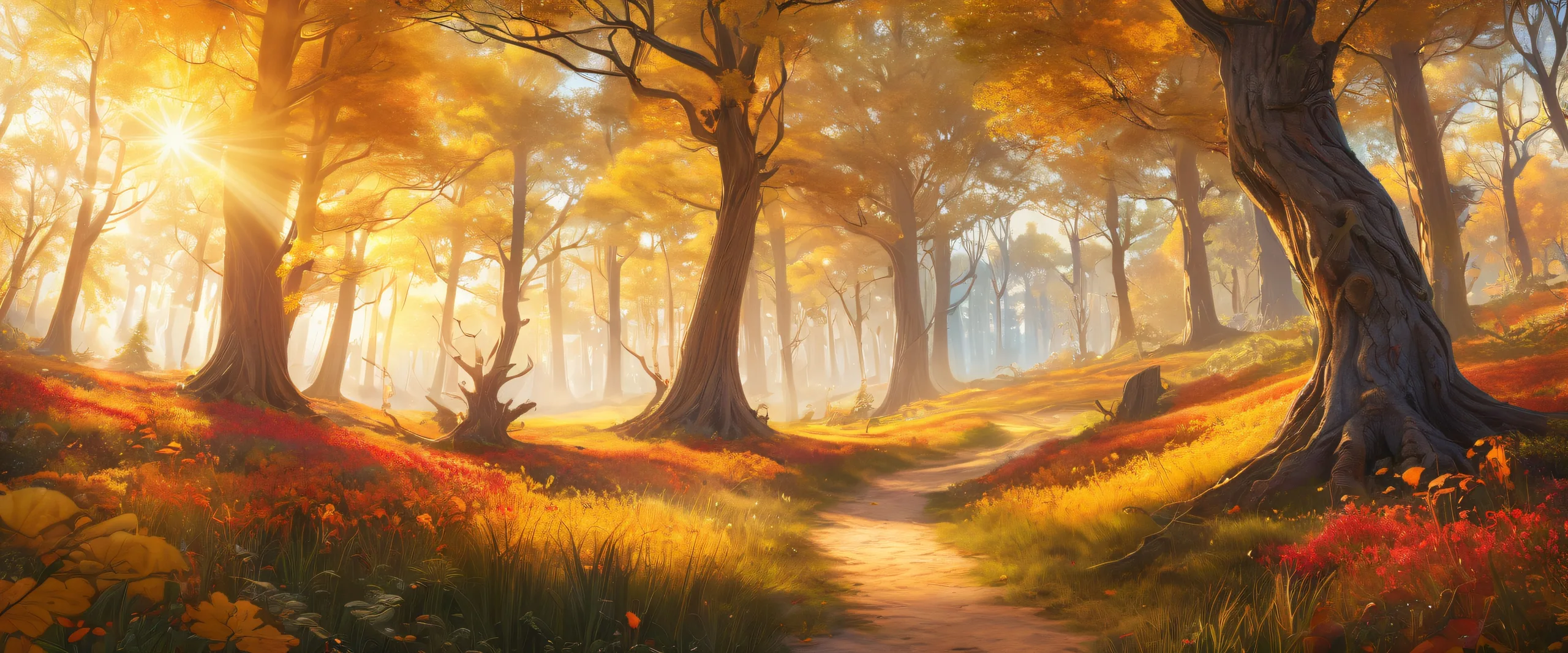 Epic Whimsical Sunset Enchantment Desktop Wallpaper Mystical forest at sunset on desktop/PC with soft, golden light and dappled shadows