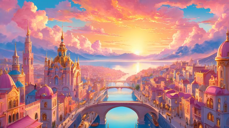 whimsical sunset metropolis scaled