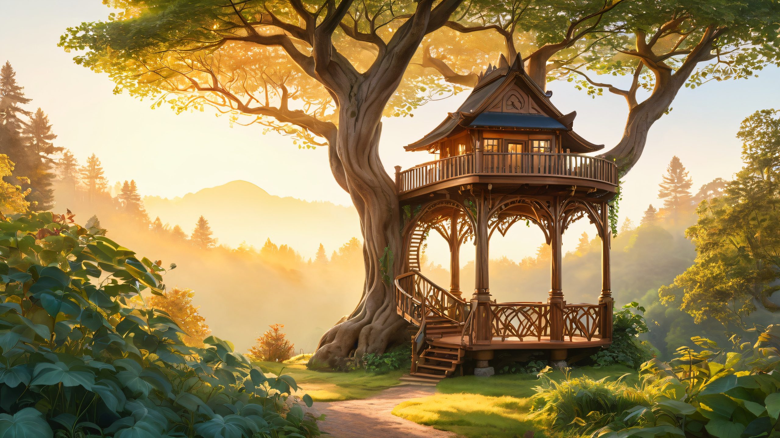 A wooden treehouse support structure with ornate carvings and vines, on a desktop or PC, surrounded by a sun-dappled forest with tall trees and mist
