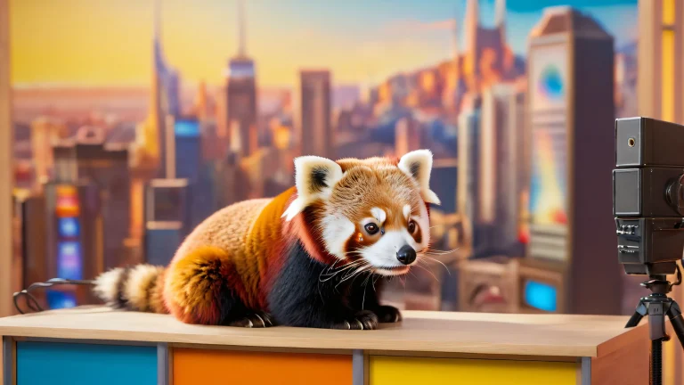 A majestic red panda sitting in a miniature television studio with colorful broadcast equipment and blurred-out Nashville cityscapes. For desktop/pc use.