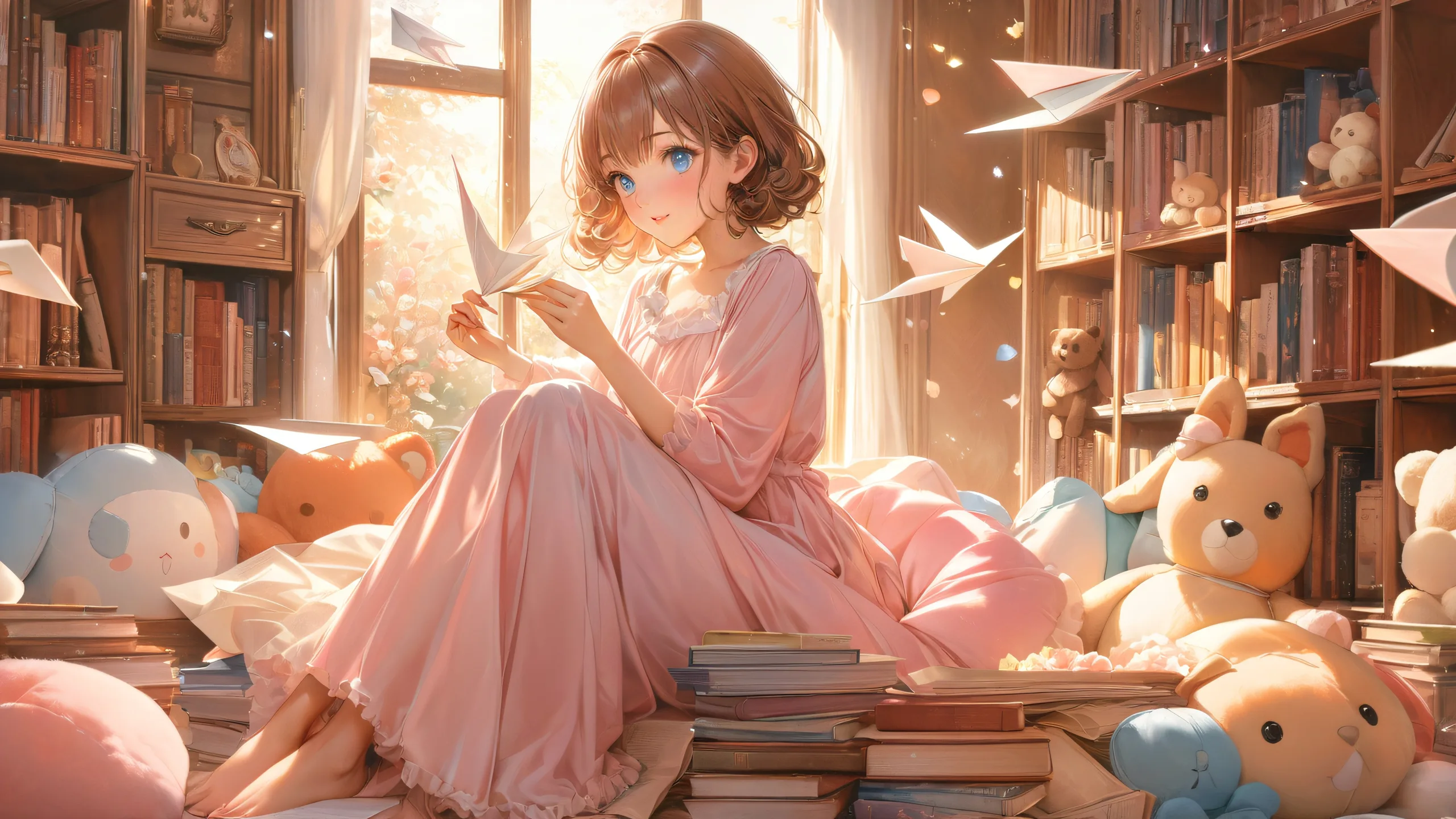 Whimsical Waifu's Haven 4K Desktop Wallpaper A young girl surrounded by anime books, paper airplanes, and origami flowers on her cozy desktop/pc.