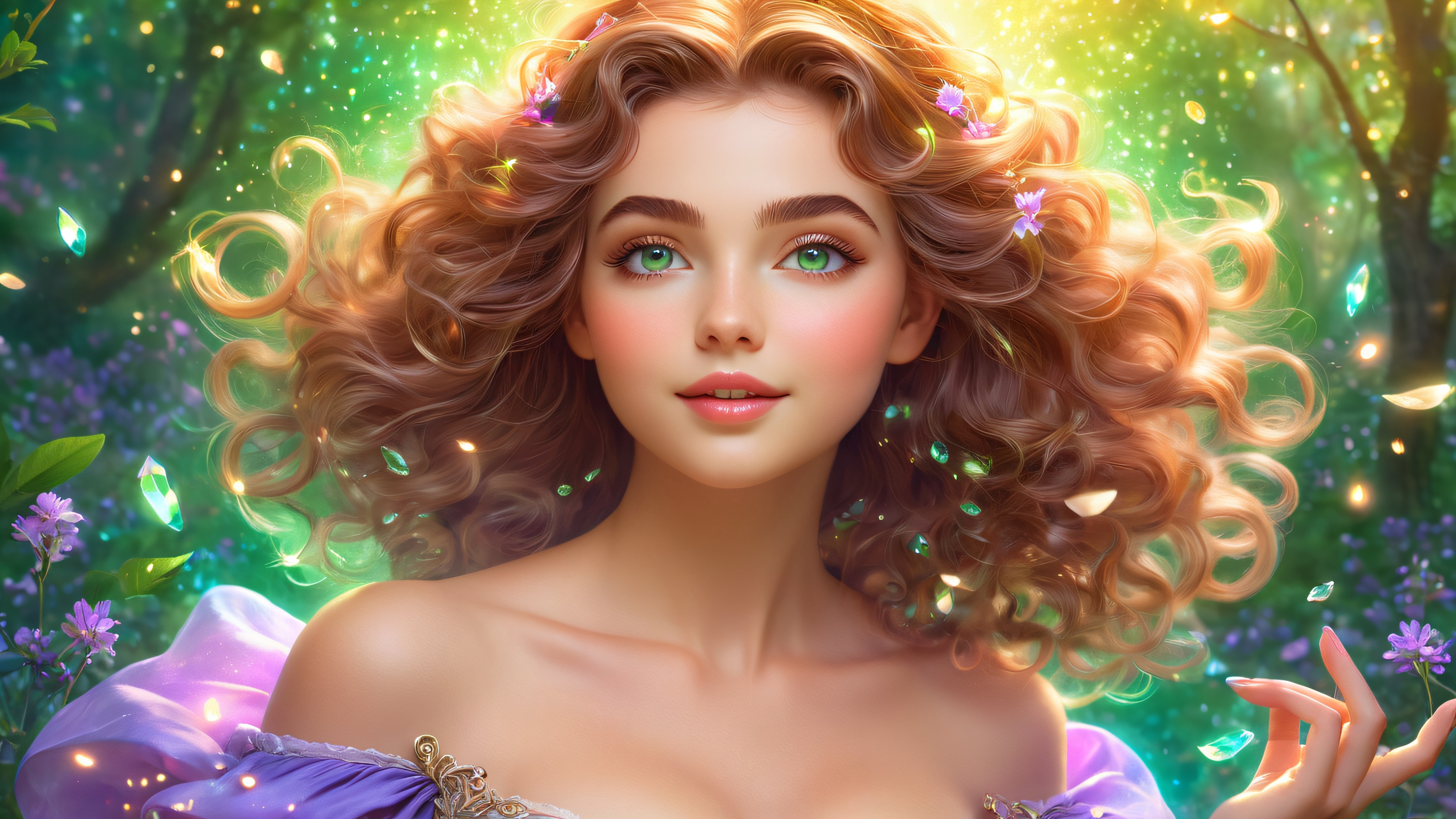 A young witch, Bonnie, surrounded by swirling energy, gemstones, and mystical forces, with a spellbook and enchanted forest glade.