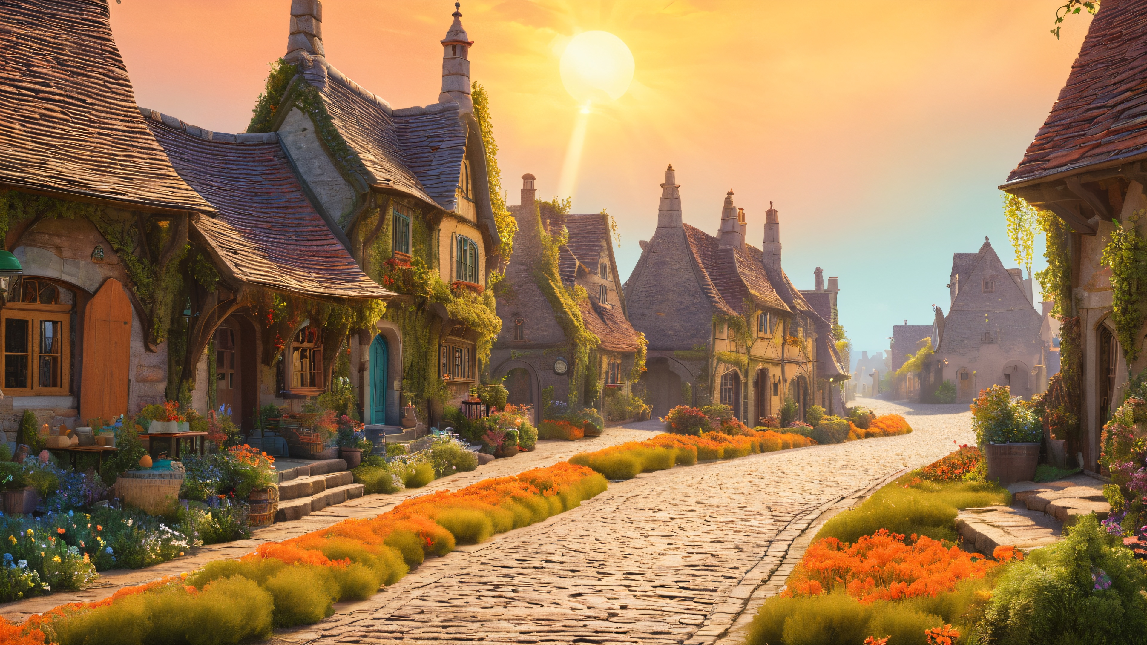 A fantastical 4K wallpaper featuring a wizarding village with crumbling buildings, overgrown with vines and moss, amidst a hazy sky with wizards and witches strolling about.