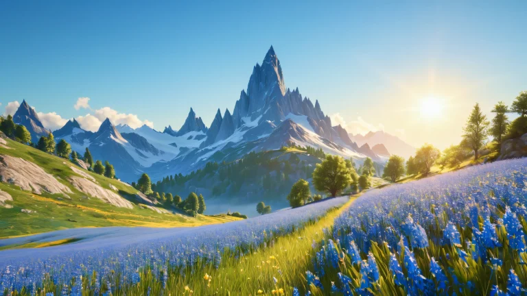 A fantastical meadow scene with a wizard standing amidst lush greenery and vibrant flowers, bathed in warm natural sunlight and subtle shadows.