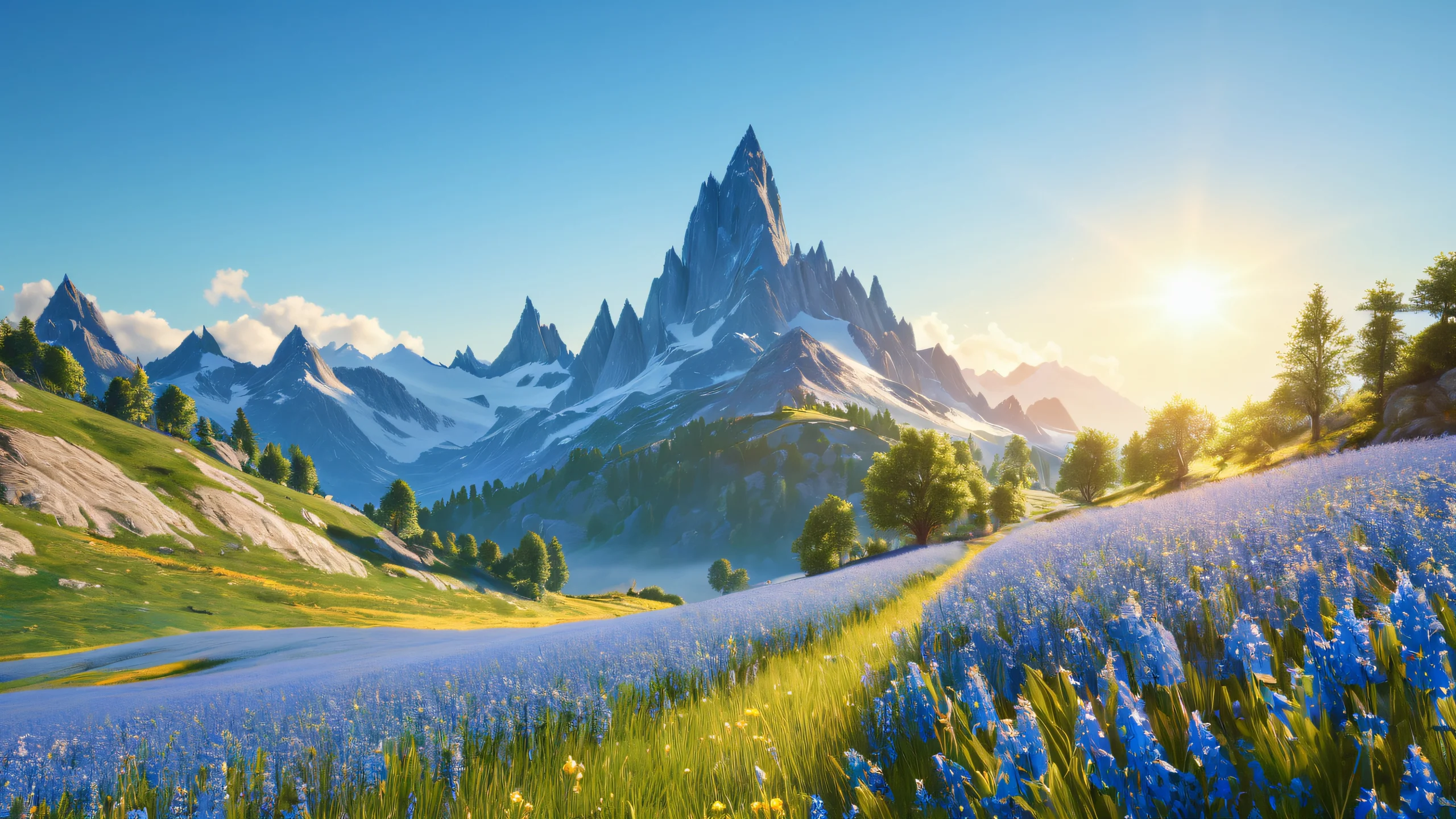 Epic Whimsical Wizard's Glade 4K Desktop Wallpaper A fantastical meadow scene with a wizard standing amidst lush greenery and vibrant flowers, bathed in warm natural sunlight and subtle shadows.