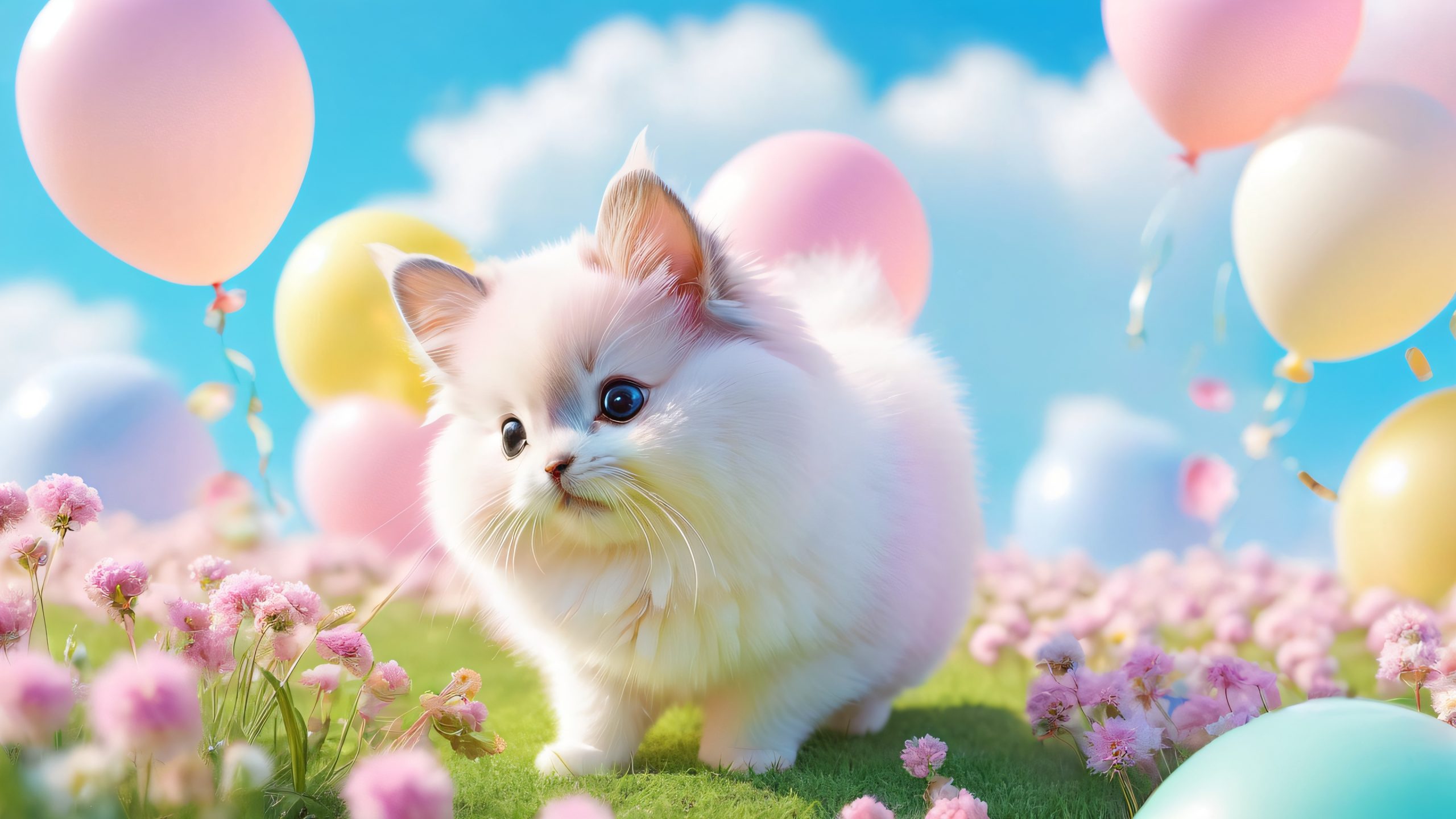 Adorable miniature creatures on a desktop/pc background with fluffy clouds, cotton candy, and pastel-colored balloons
