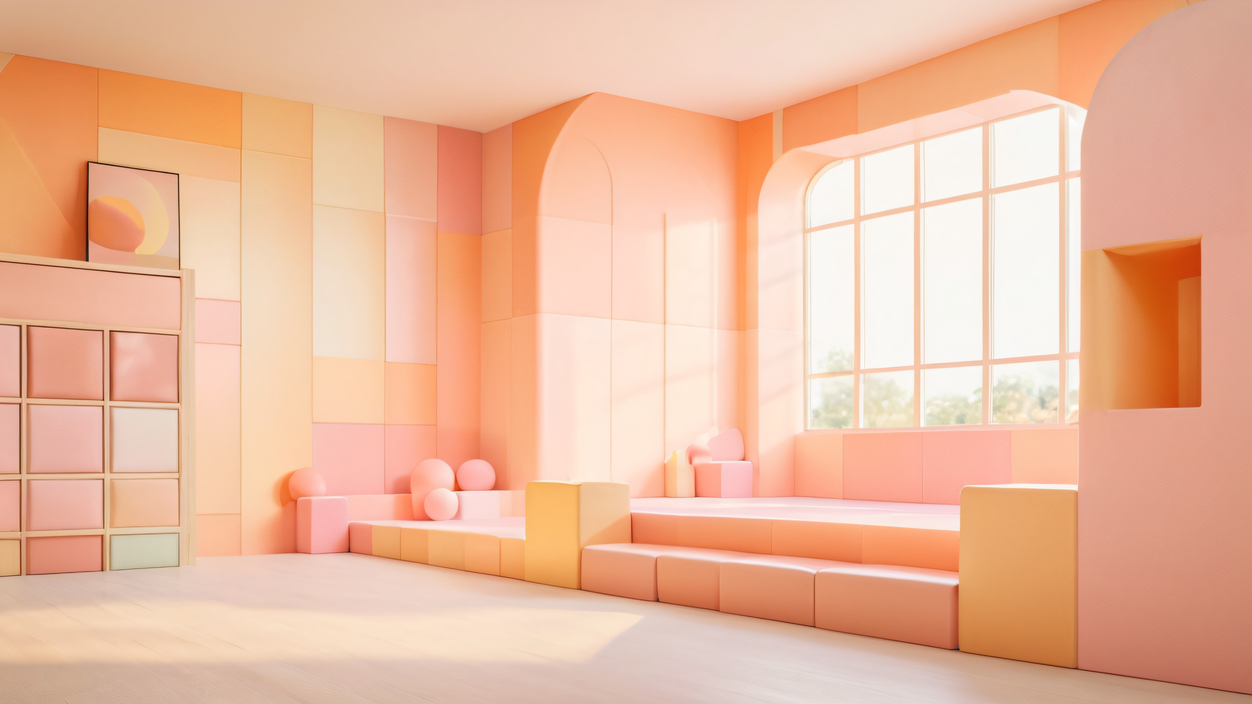 Whimsical Wonderland Playground 4K UHD Widescreen Vintage-style indoor playground for young children with oversized foam blocks and whimsical structures. Suitable for desktop/pc.