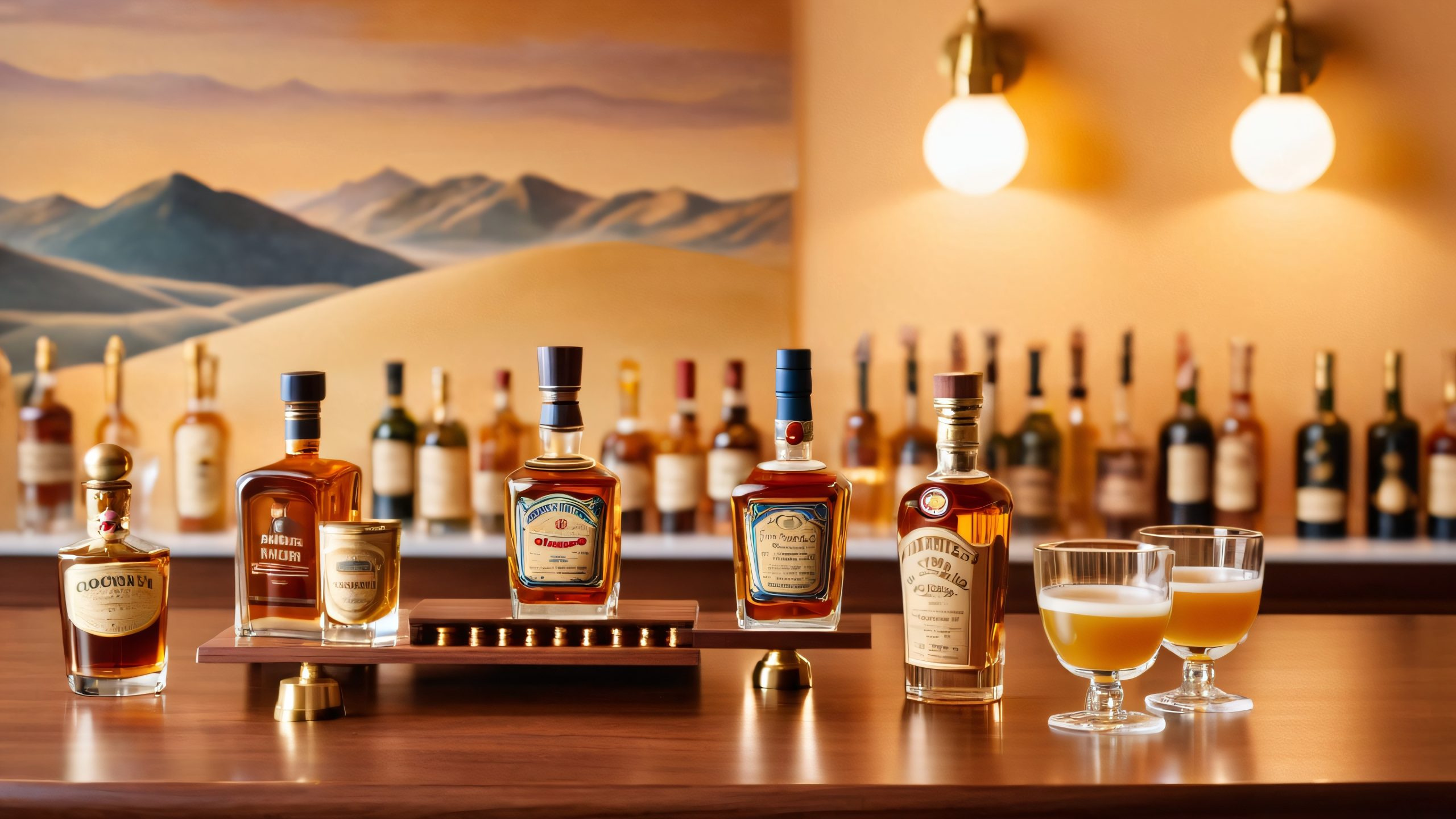 Miniature bar replica on a desktop or PC, with polished wood, chrome fixtures, and liquor bottles, surrounded by warm golden lighting, clock, and cityscape mural, perfect for a cozy digital retreat.