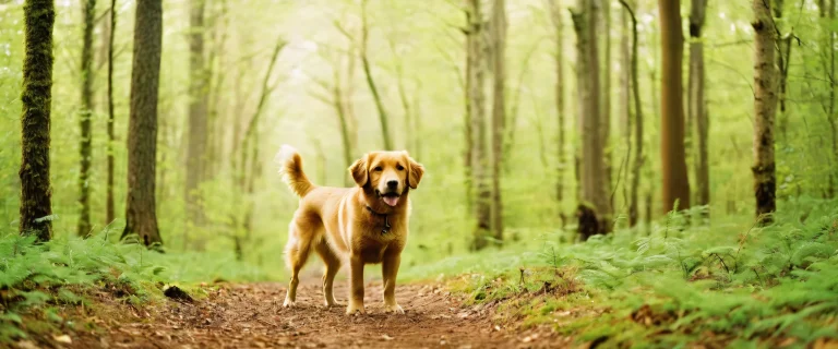 Photorealistic image of a dog in a forest with organic film grain and subtle halation, suitable for desktop use on PC or laptop.