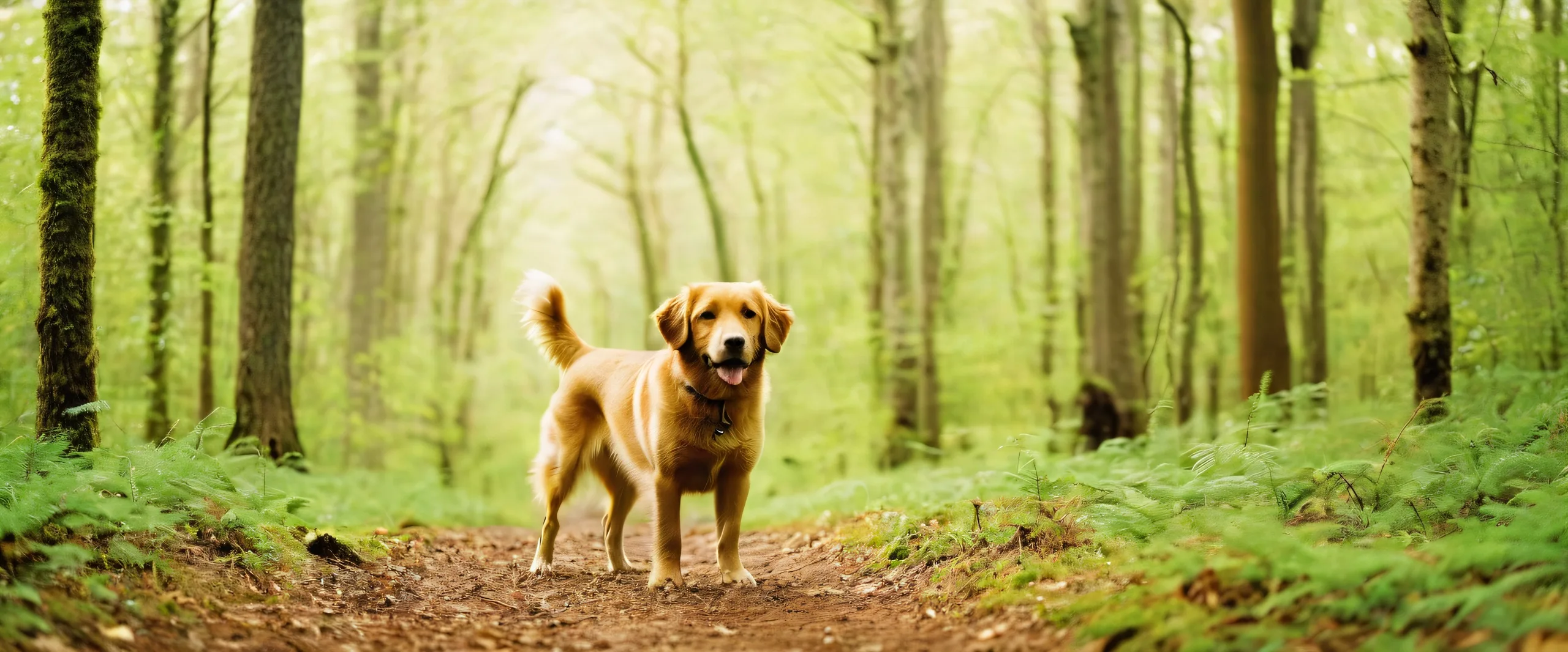 Epic Whimsical Woodland Canine Escape Desktop Wallpaper Photorealistic image of a dog in a forest with organic film grain and subtle halation, suitable for desktop use on PC or laptop.