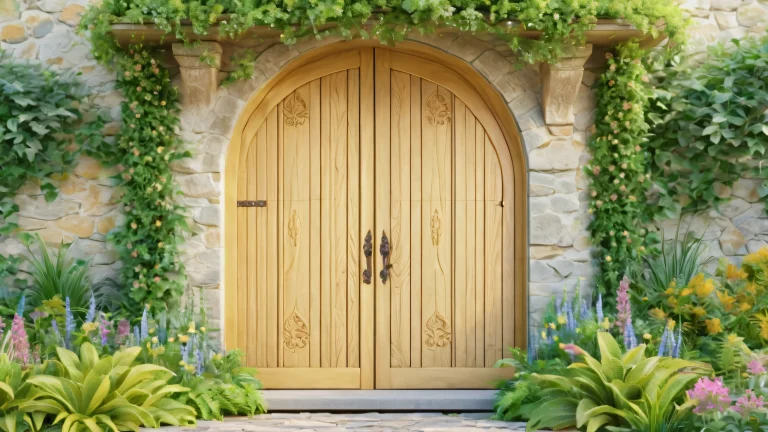 A vintage-inspired wooden door set against a serene forest glade with lush greenery and vines, perfect for desktop/PC