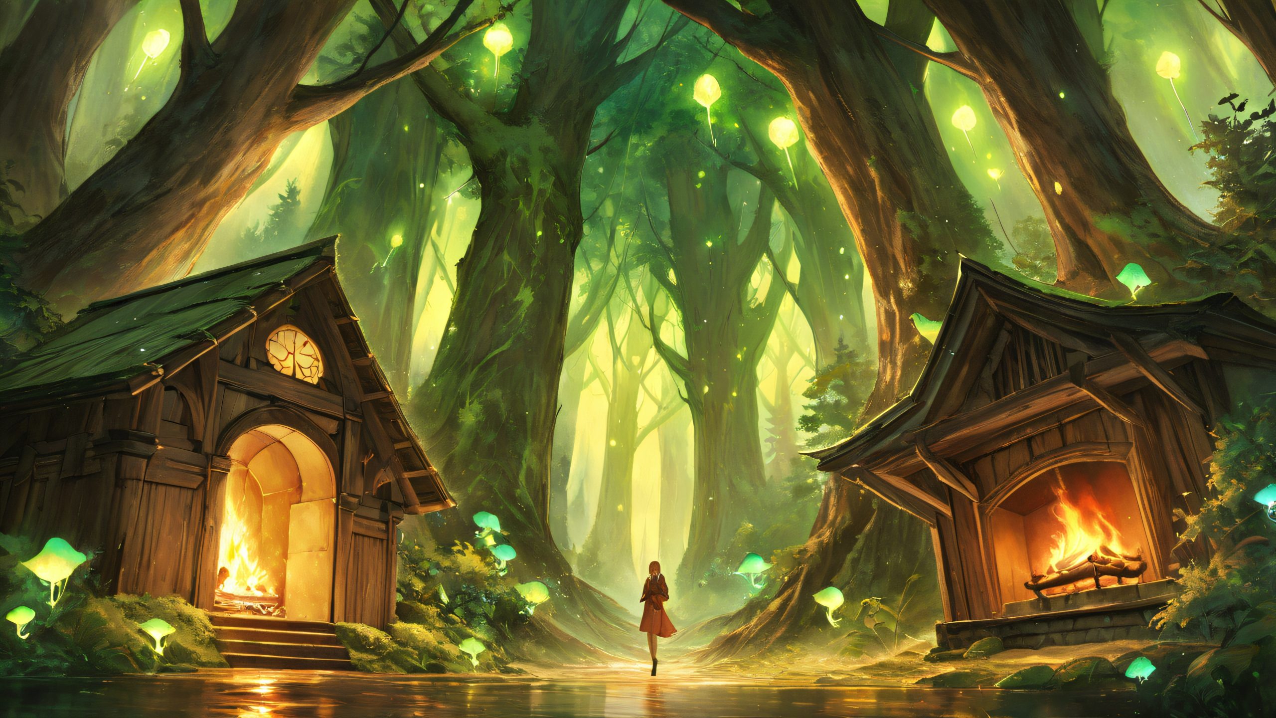 美しい気まぐれな森の隠れ家の背景 A wooden cabin in a mystical forest with vintage illustrations and a warm glow.