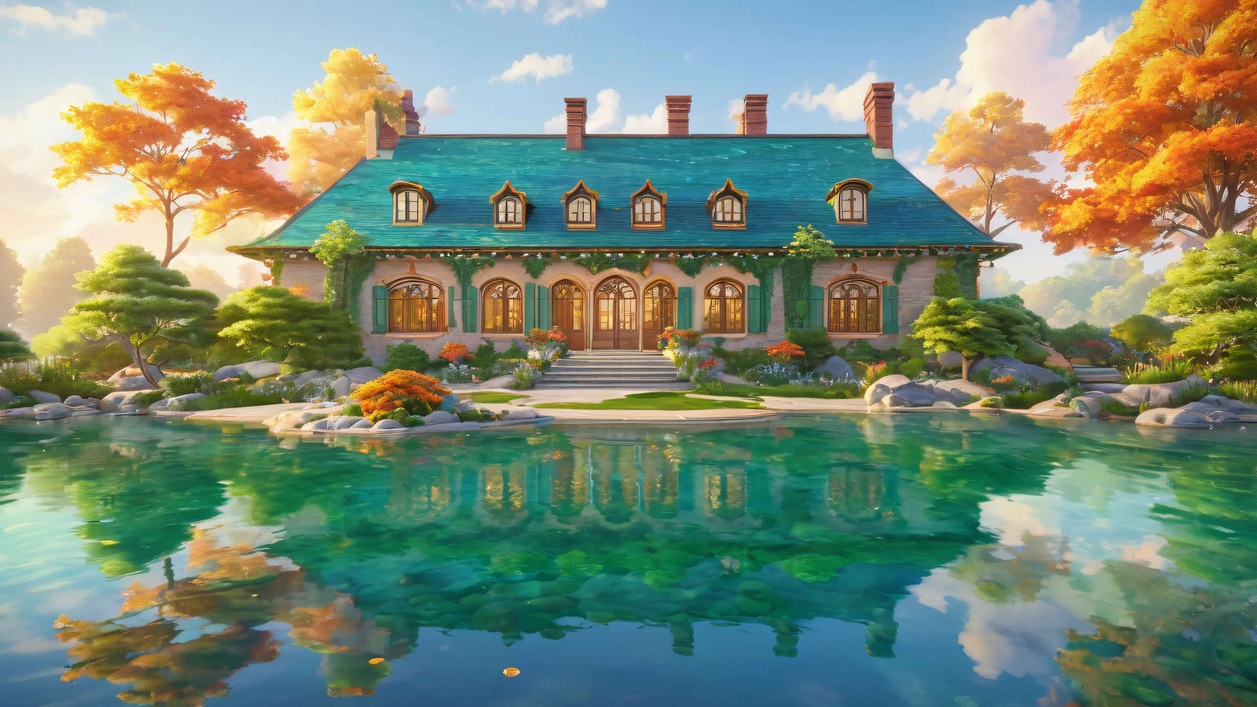 Quaint century-old mansion with intricate brickwork and a sprawling green roof partially submerged in a calm lake, featuring a vibrant hand-painted mural depicting fantastical creatures dancing amidst lanterns and flowers. Suitable for desktop/pc.