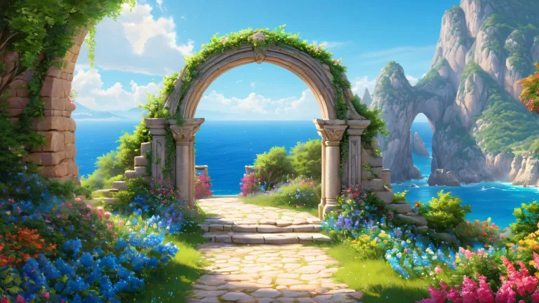 Fantasy digital painting of a soft, whimsical archway at sunset.