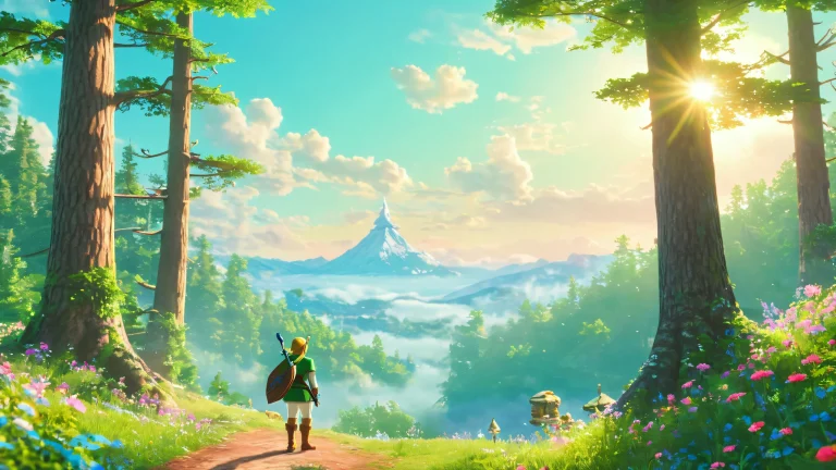 Link's adventure in a mystical forest with vibrant pastel colors