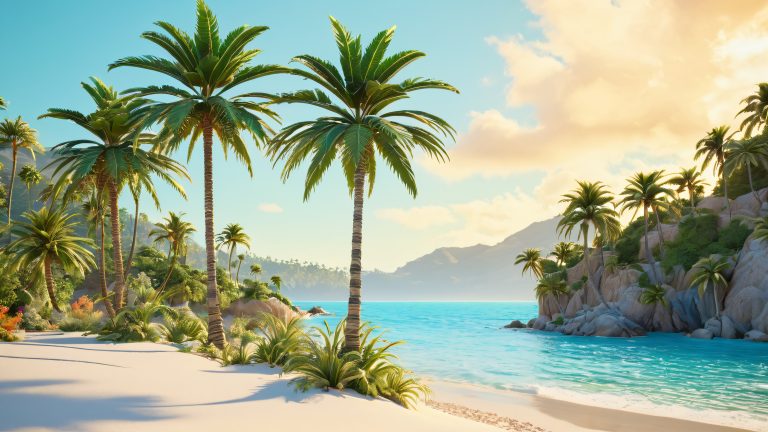 whimsy tropical paradise palm trees beach dusk scaled