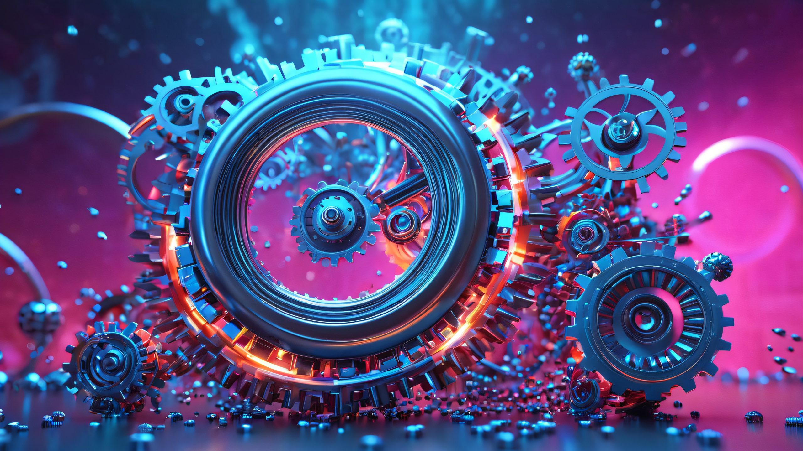 A swirling vortex of interconnected gears, cogs, and pendulums on a dark desktop/PC background, representing creative motion in design, animation, and video production.