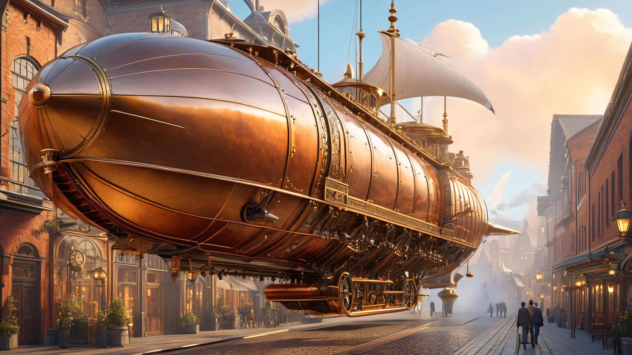 4K Whirring Copper Gears Alley Wallpaper for PC/Mac Vintage airship docked amidst clockwork machinery on a misty desktop/pc background.