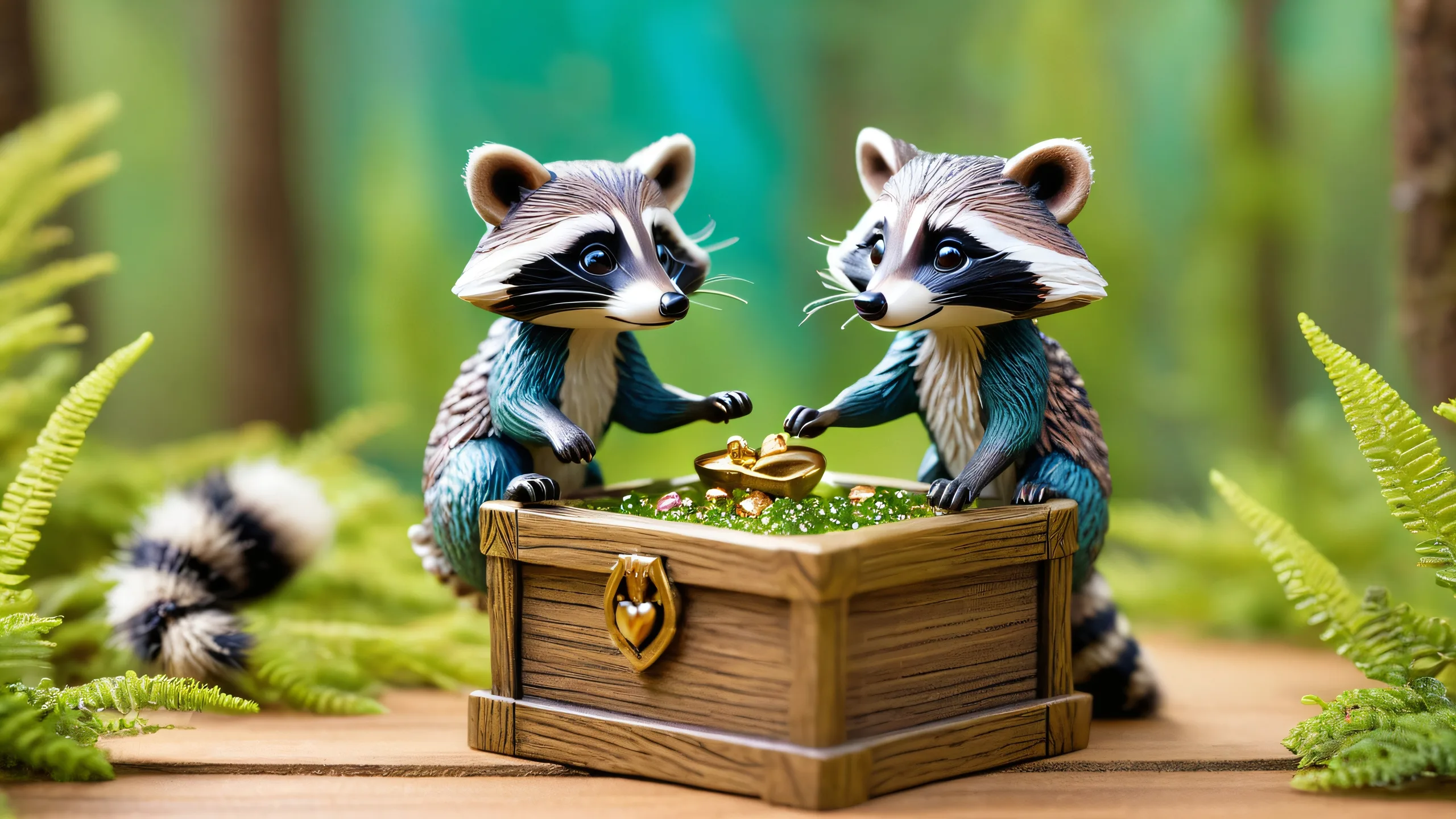 Ultra HD Whiskered Thieves in Moonlit Glade Wallpaper A group of charming raccoon'love bandits' stealing hearts from birds and manipulating clockwork devices on a mystical forest glade for PC/ Desktop use.