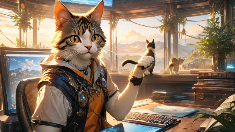 A stunning anime-inspired image of an anthropomorphic cat with intricate details and vibrant colors.