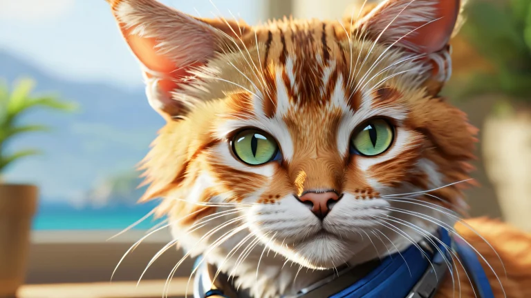 Anthropomorphic cat sitting on a desk amidst a mystical forest backdrop with intricate details and textures.