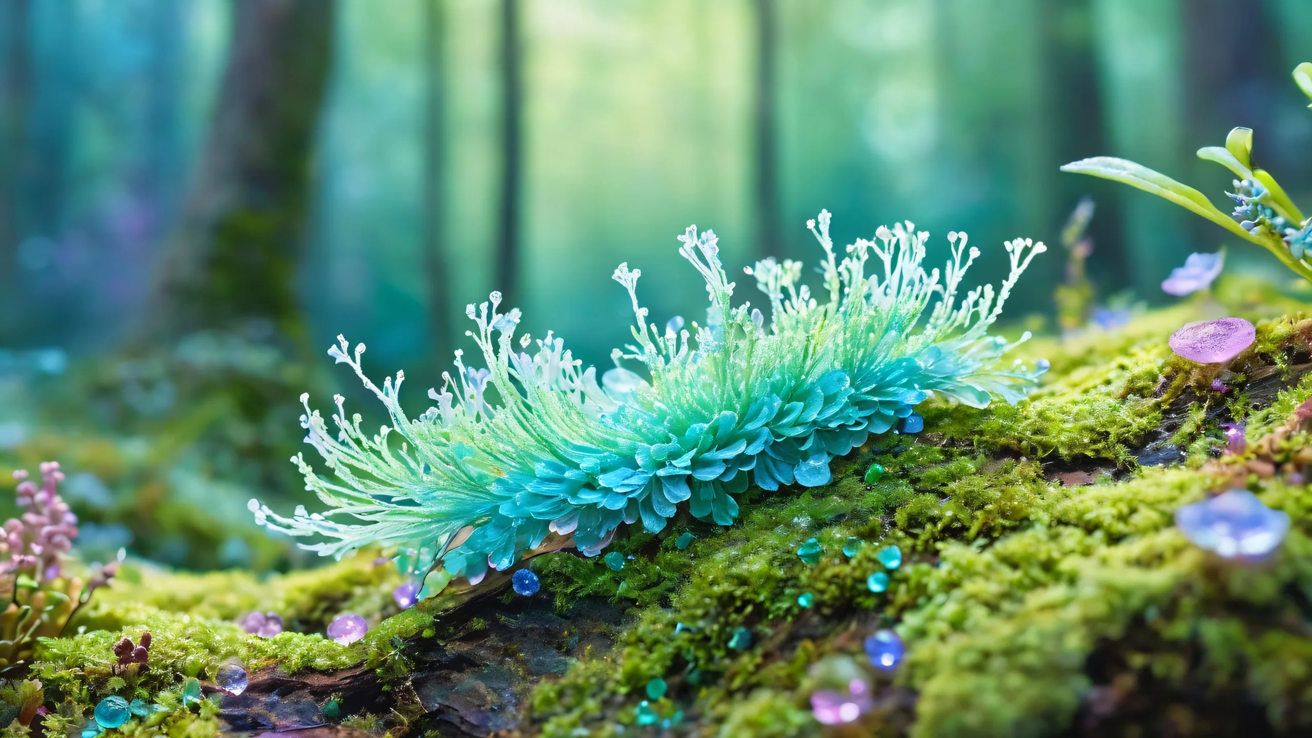 Whispered Forest Secrets 4K UHD Widescreen Beautiful digital painting of a mystical forest glade at dusk, featuring a glowing, fungal creature with delicate tendrils and whisper-thin wings on a Desktop/PC background.