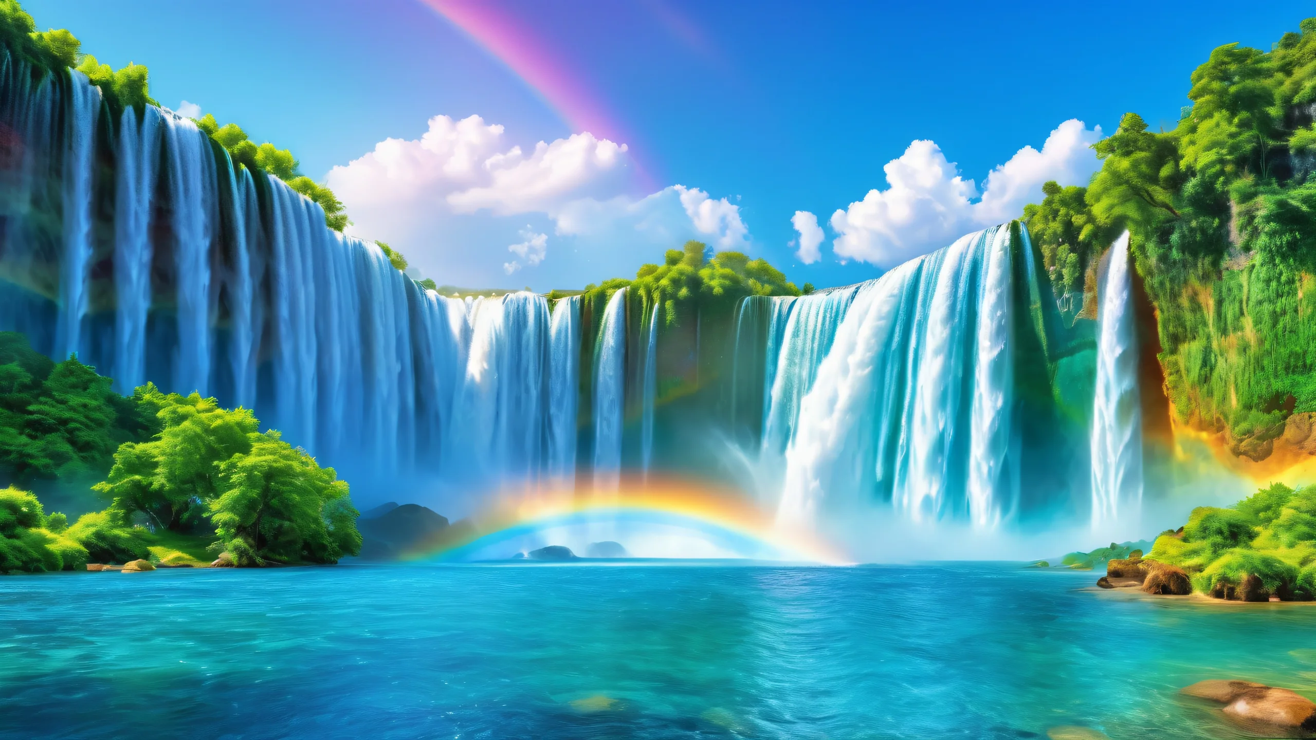 A serene waterfall scene with soft blues and rainbows