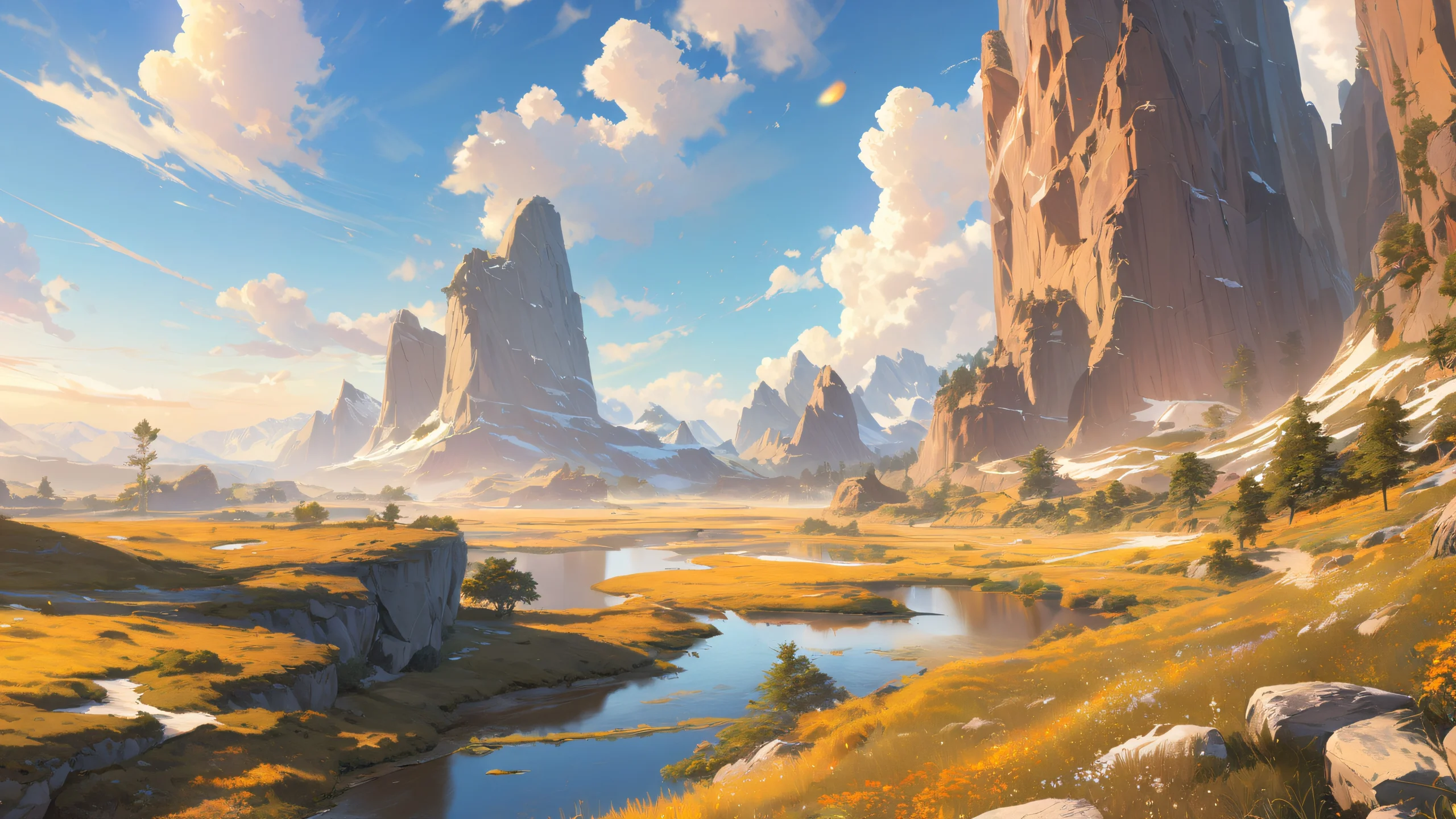 Ultra HD Whispering Canyon Serenade Wallpaper Anime girl standing amidst a serene Western landscape at sunset, with soft daylight casting warm shadows and highlights on her features and the surrounding terrain.