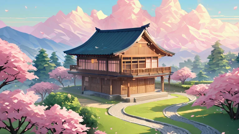 Serene Japanese house with bonsai trees and gravel paths on a desktop or PC background, perfect for a peaceful atmosphere.