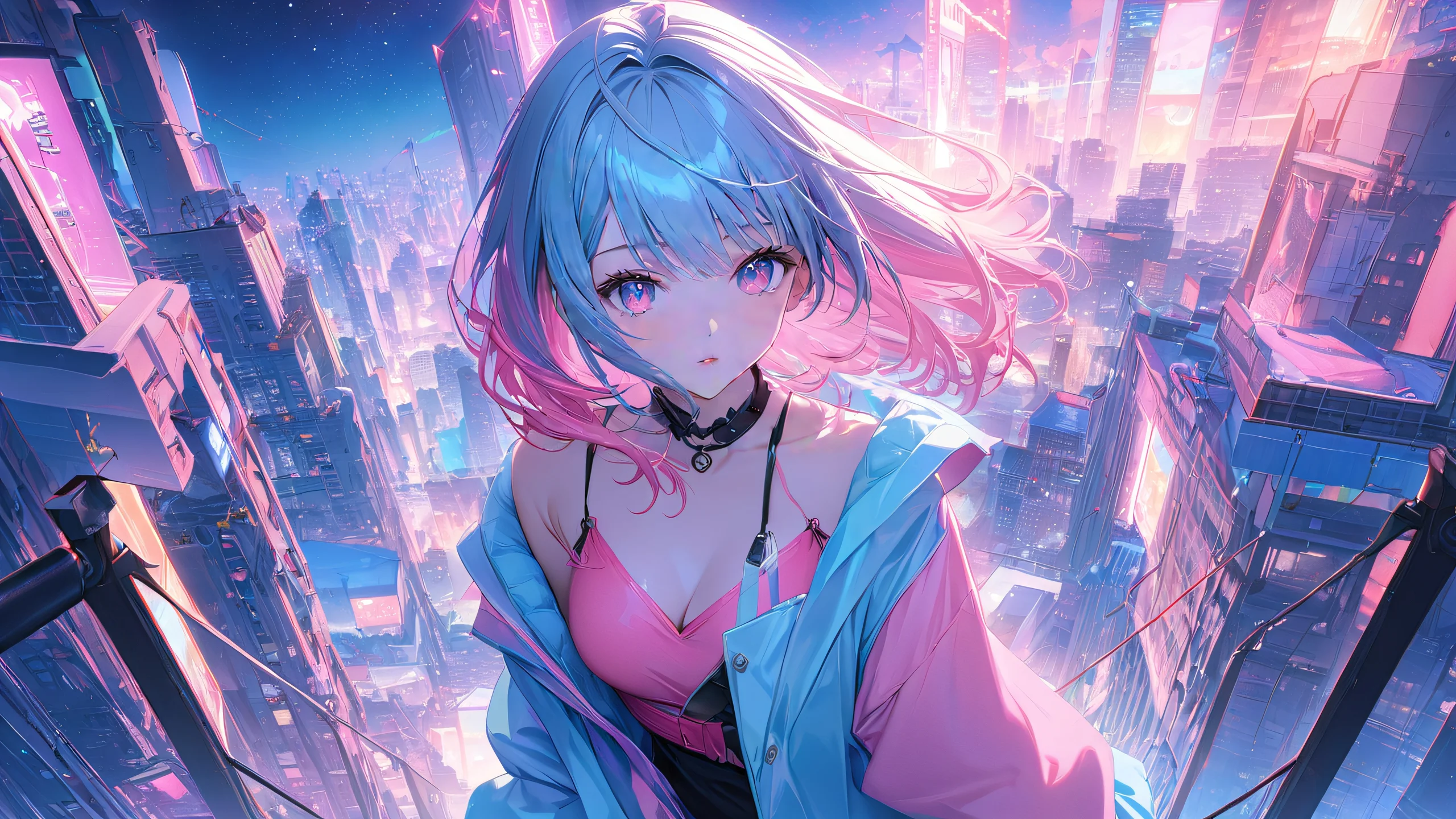 Whispering City Nights 4K UHD Wallpaper A serene urban landscape at dusk, featuring girls and pastel colors.