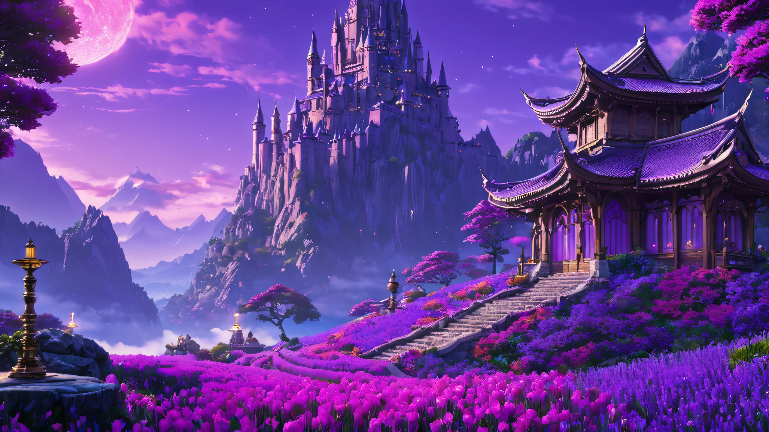 Whispering Dark Realm 4K Desktop Wallpaper Fantasy landscape with mystical creatures and ancient architecture in the darkness of the unknown realm