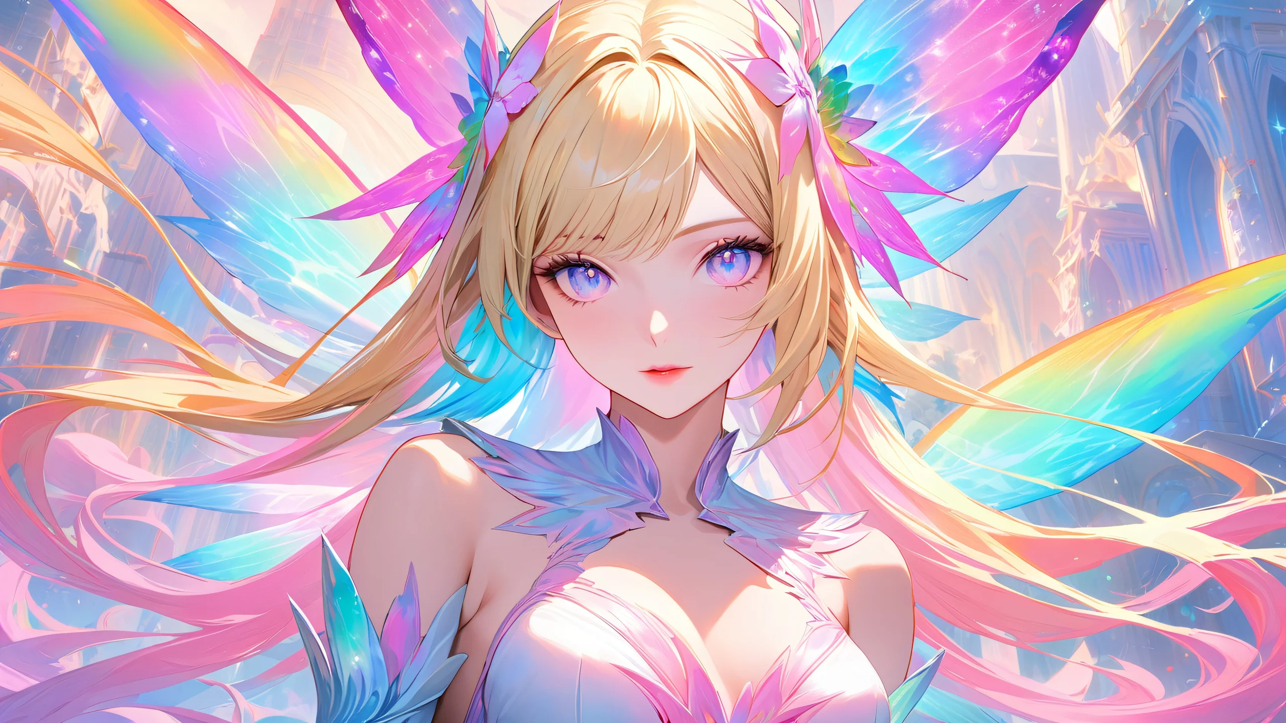 Aesthetic Whispering Fairy Meadow Background A whimsical fantasy landscape featuring a blonde fairy amidst glowing soft pastel flowers and lush greenery.